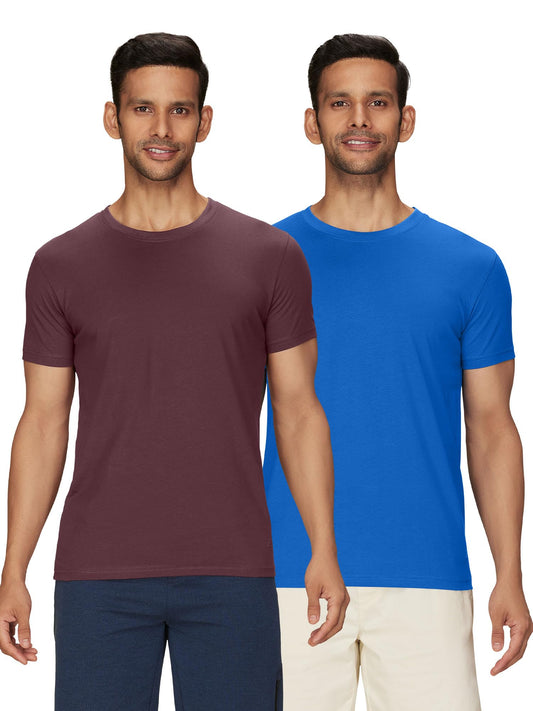XYXX Mens Solid Regular Fit T-Shirt (XY_CR15_Tshirt_2_Merlot Maroon+Olympic Blue