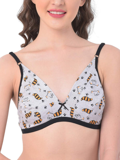 Clovia Womens Non-Padded Non-Wired Demi Cup Cat Print Bra (BR1595T01_Grey_32C)