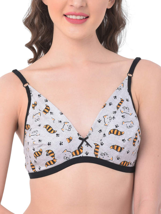 Clovia Womens Non-Padded Non-Wired Demi Cup Cat Print Bra (BR1595T01_Grey_32C)