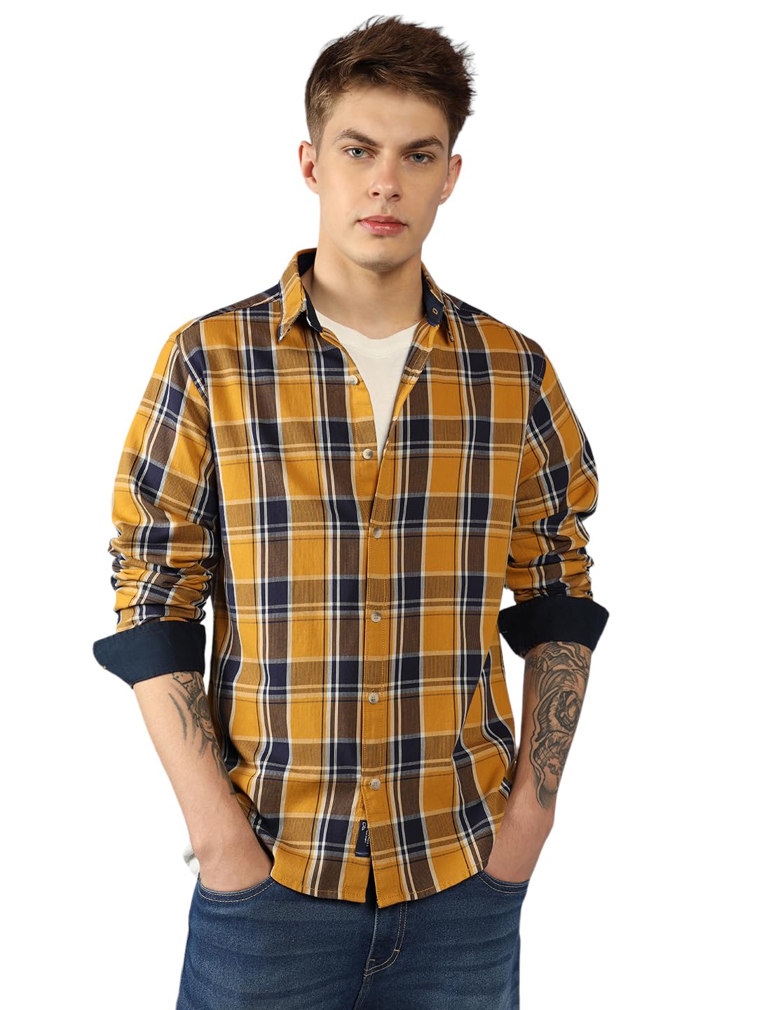 Dennis Lingo MenS | Yellow | Checks | Regular Collar | Full Sleeve | Relaxed | Casual Shirt
