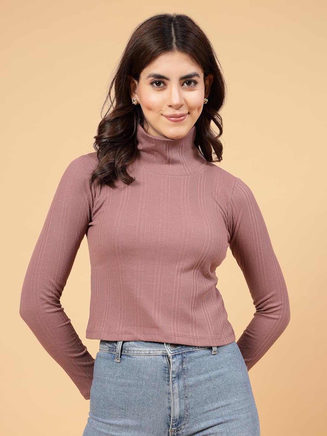 Rigo Cotton Ribbed Full Sleeves Top for Women | High Neck, Stylish Top for Women
