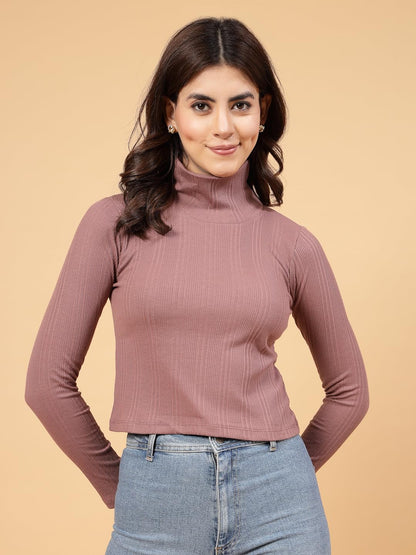 Rigo Cotton Ribbed Full Sleeves Top for Women | High Neck, Stylish Top for Women