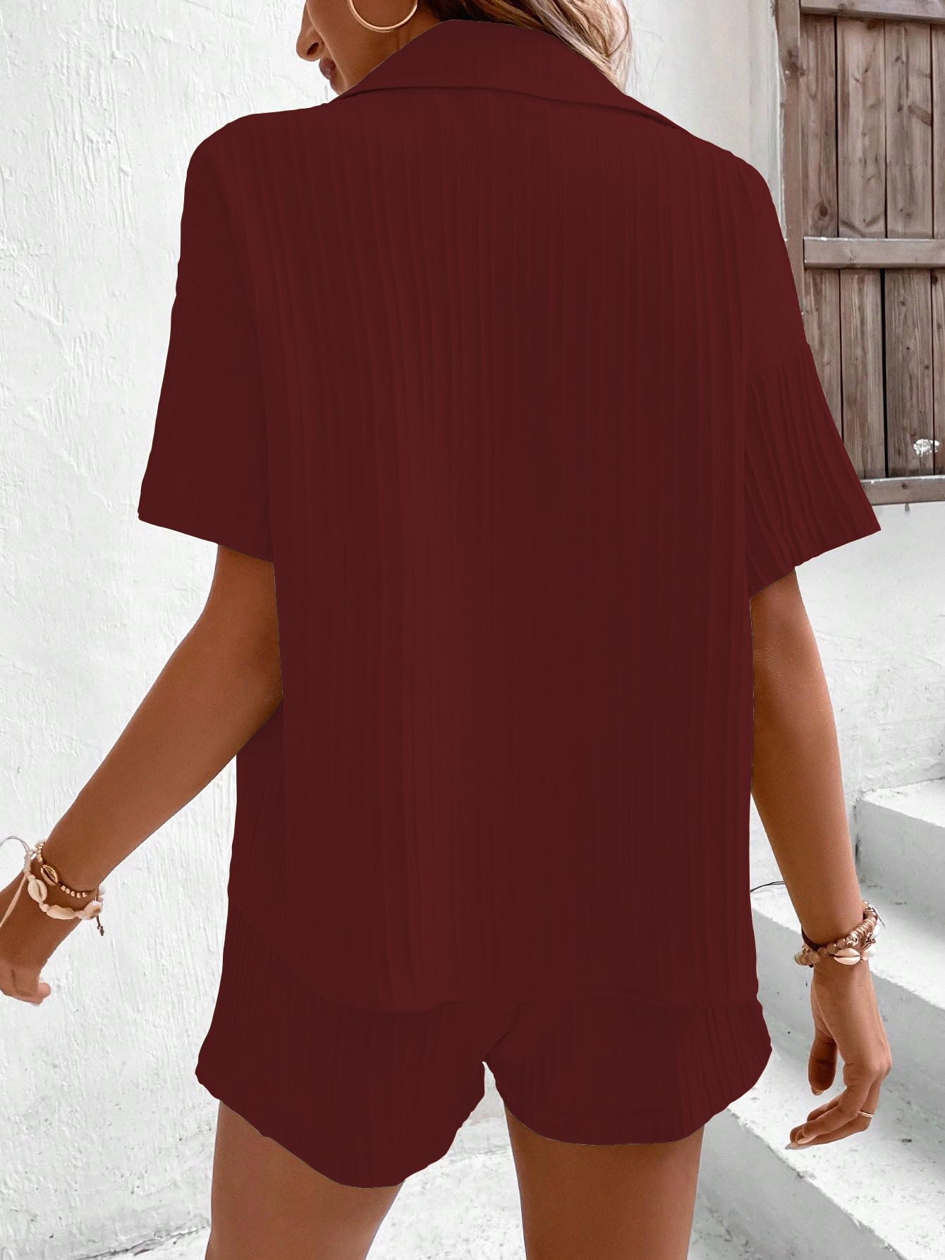 Shasmi Women & Girls Maroon Solid Color Button Front Vacation Solid Texture Short Sleeve Loose Fit Drop Shoulder Pocket Shirt an