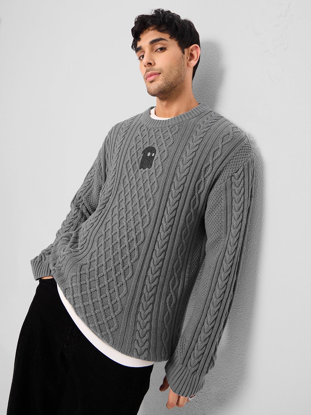 The Souled Store Cable Knit Pullover: Stone Grey Oversized Pullovers for Men and Boys