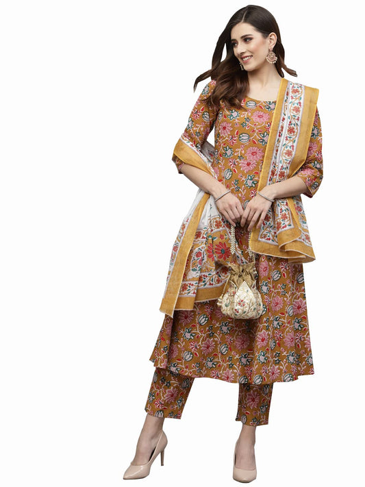 Stylum Women's Floral Printed Cotton Kurta Pant With Dupatta (Mustard)