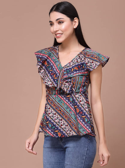 OOMPH! Womens Crepe Printed top with V-Neck and Ruffle Sleeve