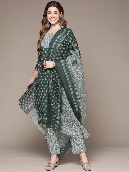 anubhutee Women Teal Ethnic Motifs Printed Pure Cotton Kurta with Trousers & With Dupatta