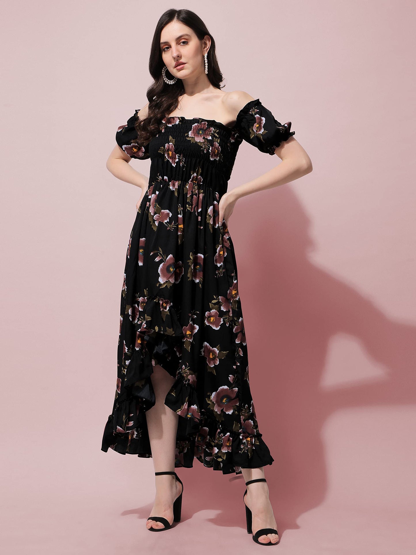 Oomph! Flared Dress For Women Stylish | Long One Piece For Women | Off Shoulder Puff Sleeve Long Dress | Floral Print Maxi One P