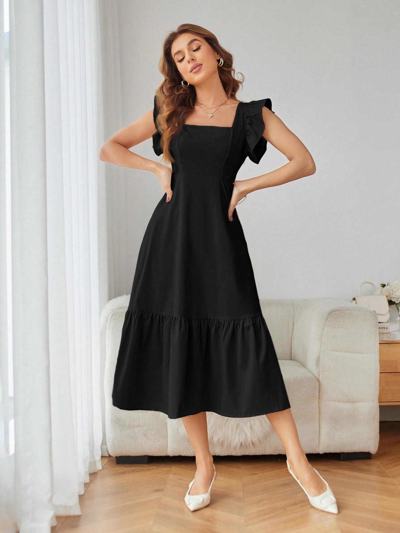 Shasmi GirlS & WomenS Solid Black Color Square Neck, Ruffle-Trimmed Hem Sleeveless, Ruffle Armhole And Casual Dress With Cinch