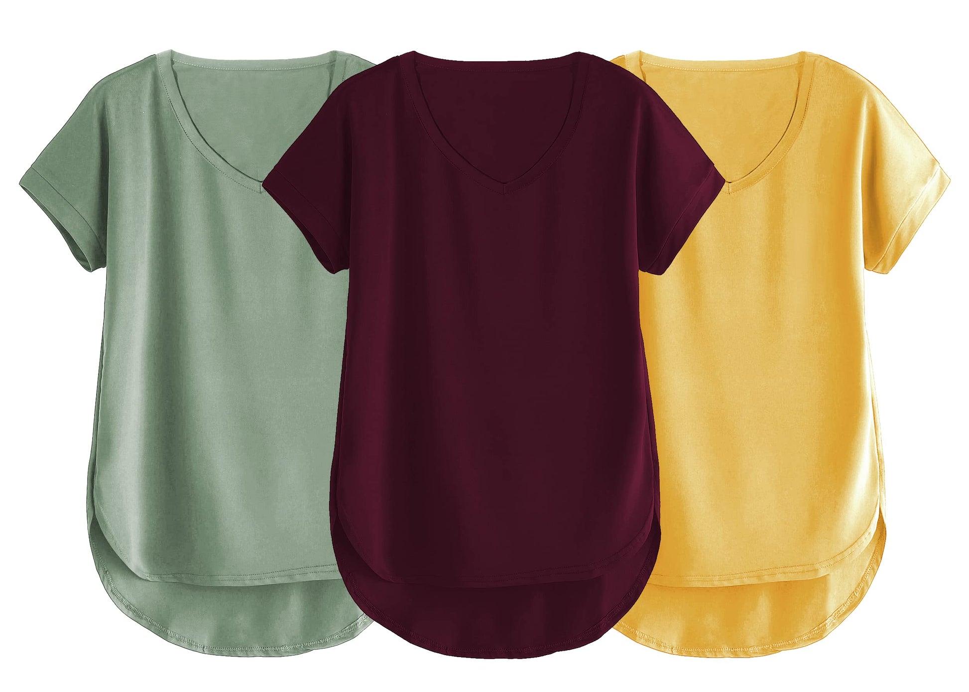 Fabricorn Combo Of Three Plain Mustard Yellow, Sage Green And Wine V-Neck Up And Down Cotton Tshirt For Women (Mustard Yellow, S