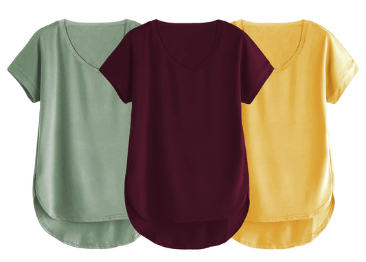Fabricorn Combo Of Three Plain Mustard Yellow, Sage Green And Wine V-Neck Up And Down Cotton Tshirt For Women (Mustard Yellow, S