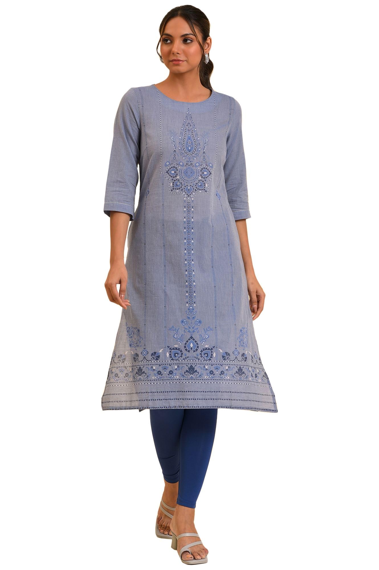 W For Woman WomenS Cotton Floral Regular Kurta (23Few19282-120856_Denim Blue