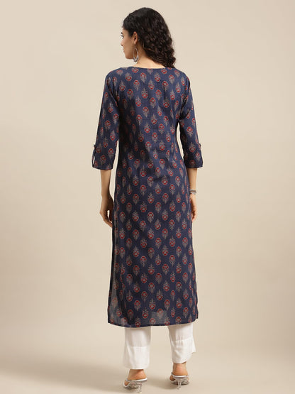 Varanga Women Navy Blue Ethnic Motifs Straight Kurta  Round Neckline With V Notch, 3/4Th Sleeves, Side Slit, Printed Design, Com