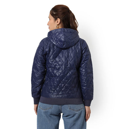 Campus Sutra Women Navy Blue Puffer Regular Fit Bomber Jacket For Winter Wear | Standing Collar | Full Sleeve | Zipper | Casual