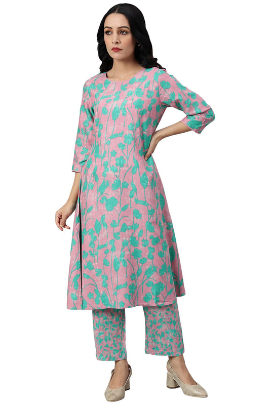 W for Woman Light Purple Floral Print Straight Kurta