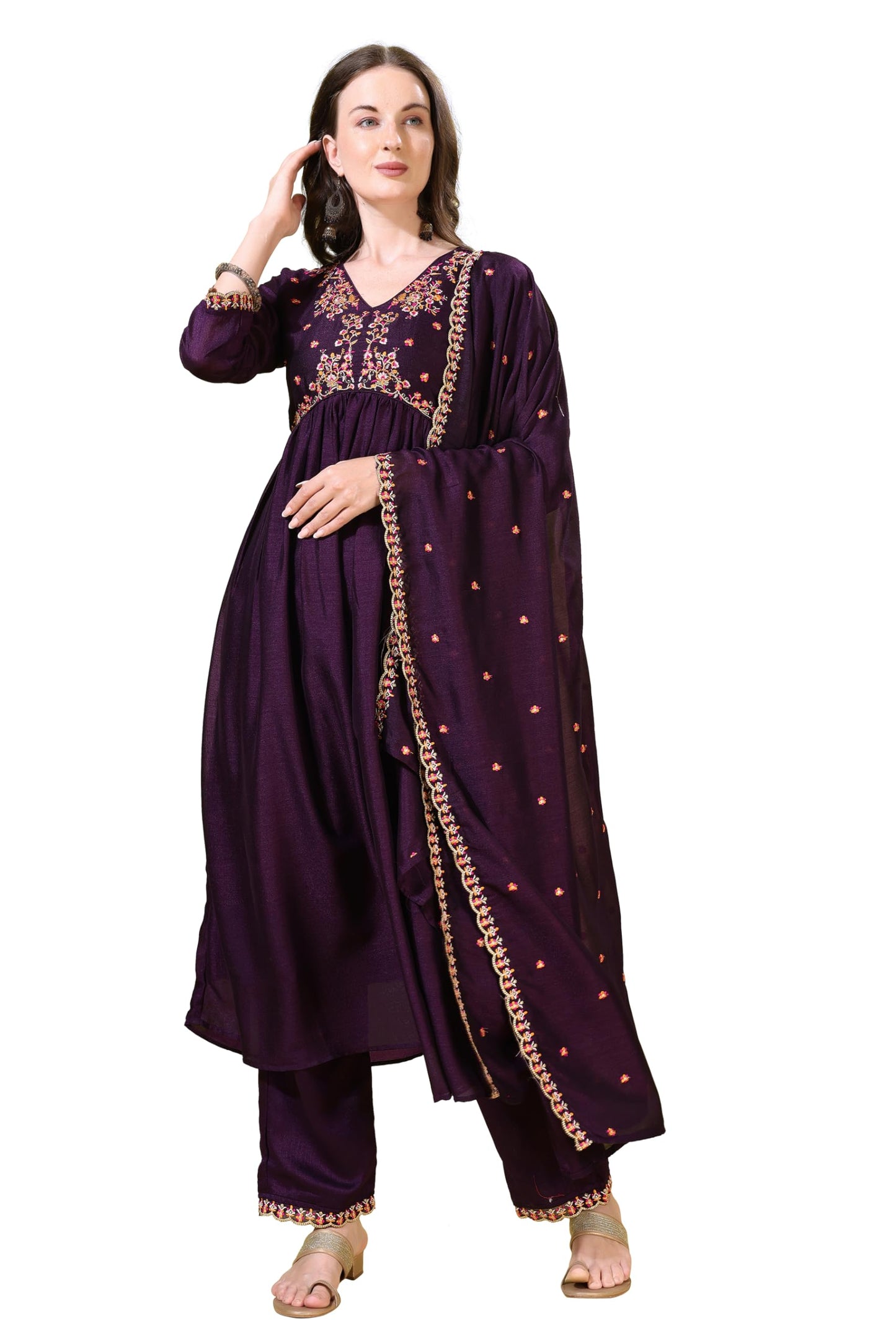Pratham Blue WomenS Silk Embroidered Anarkali Kurta Palazzos With Dupatta |Kurta Sets For Women |Women Kurta | Women Embroidere
