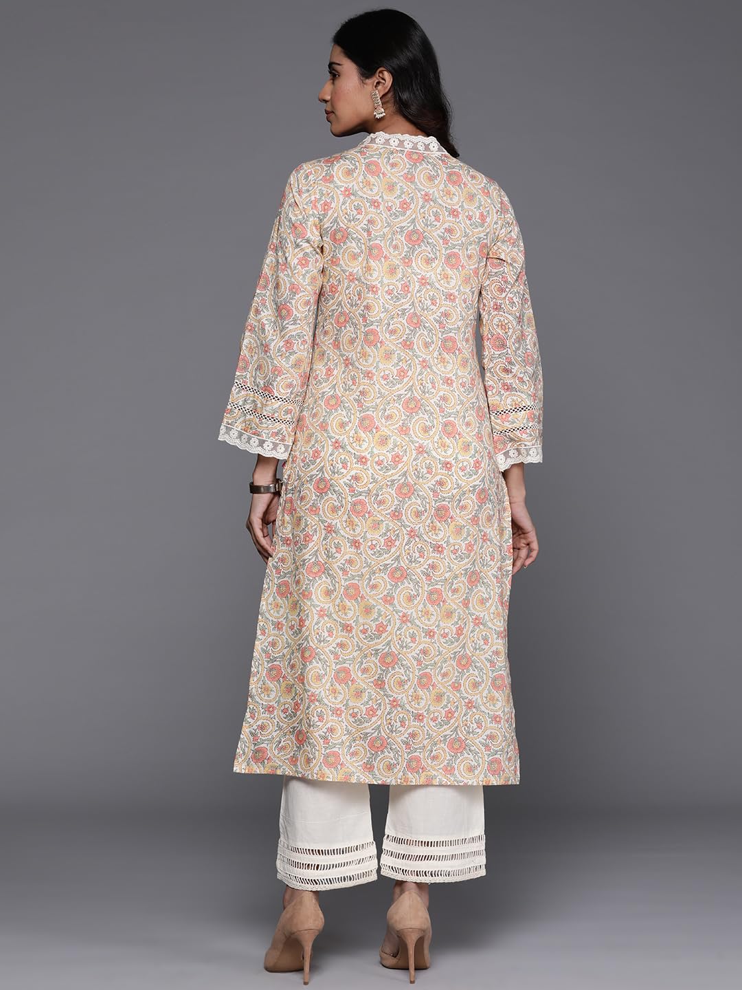 Varanga Women Off-White Floral Printed Straight Kurta  V Neck, Lace Detail, Long Flared Sleeves, Stylish & Elegant