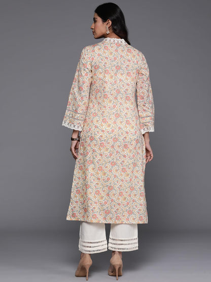 Varanga Women Off-White Floral Printed Straight Kurta  V Neck, Lace Detail, Long Flared Sleeves, Stylish & Elegant