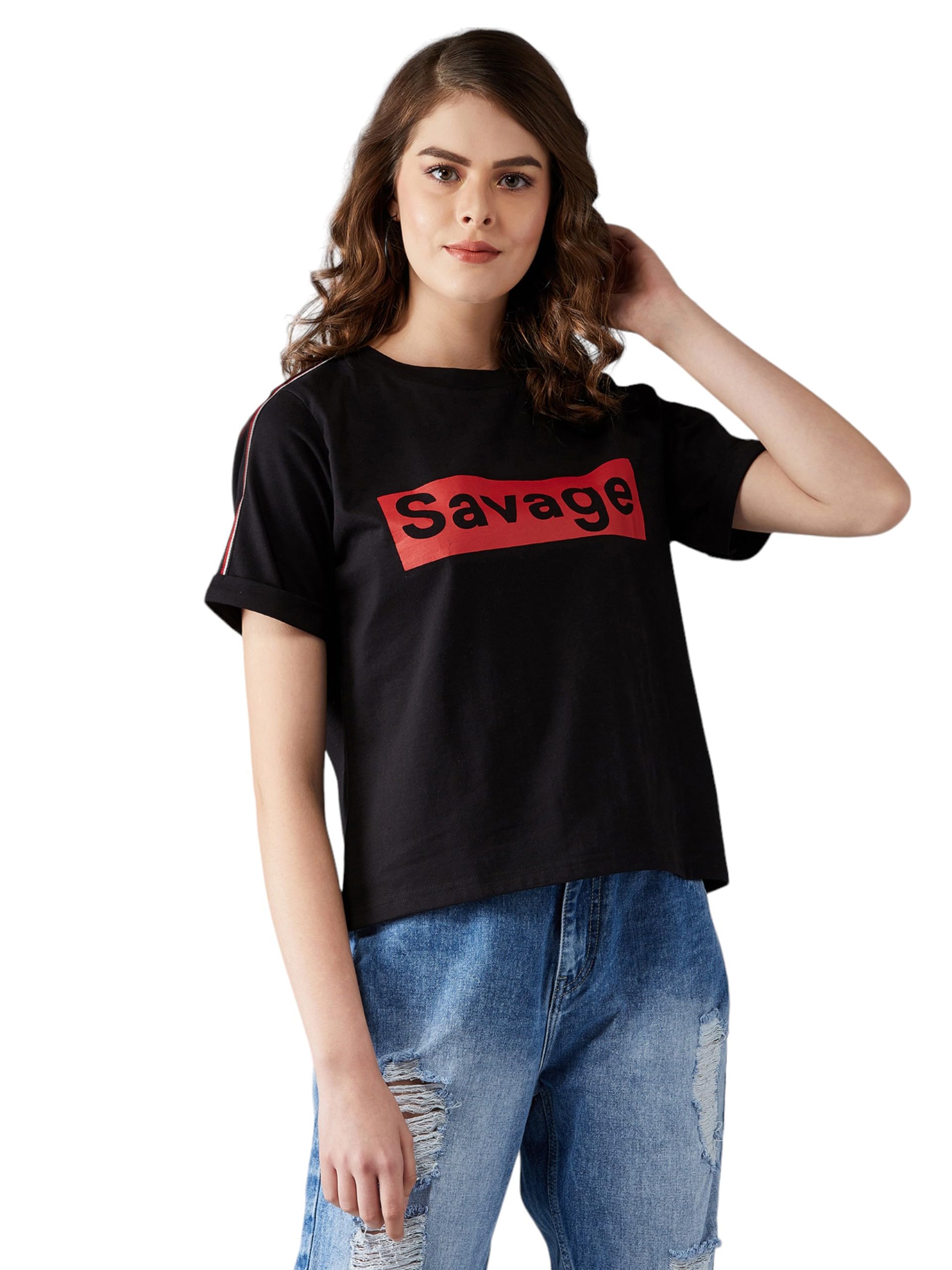 Miss Chase Womens Round Neck Short Sleeve Printed Cropped T-Shirt (MCS24TS59-01-62-02, Black, XS)
