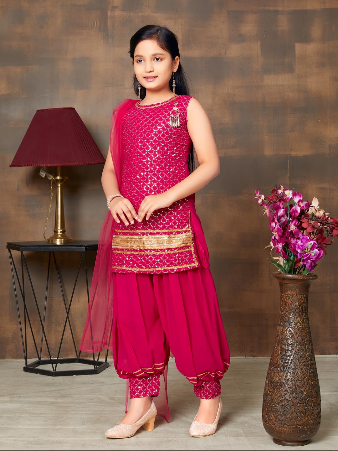 Aarika Girls Ethnic Wear Rani Colour Sequin Embroidery Lace Work Georgette Kurti Patiala Set (10-15 Years)