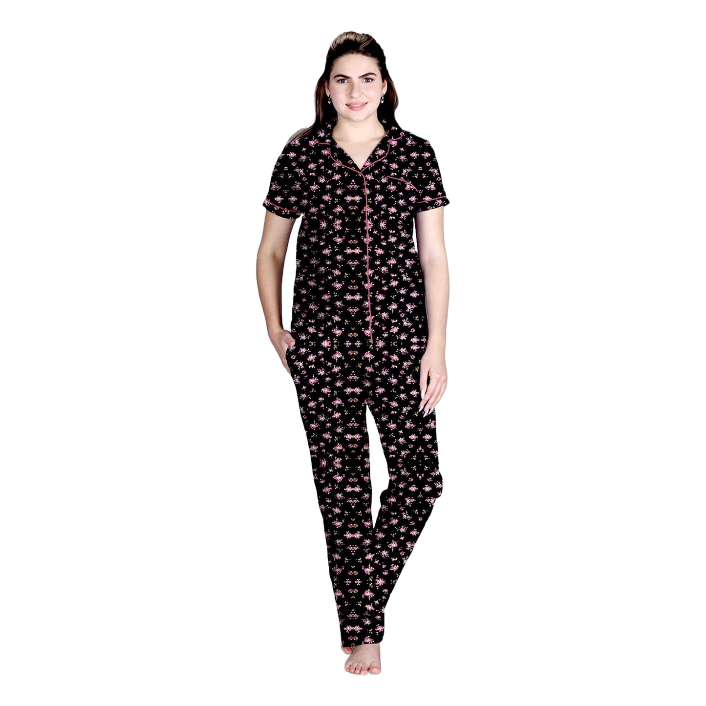 Lyra WomenS Cotton Shirt And Pyjama Printed Night Suit Black