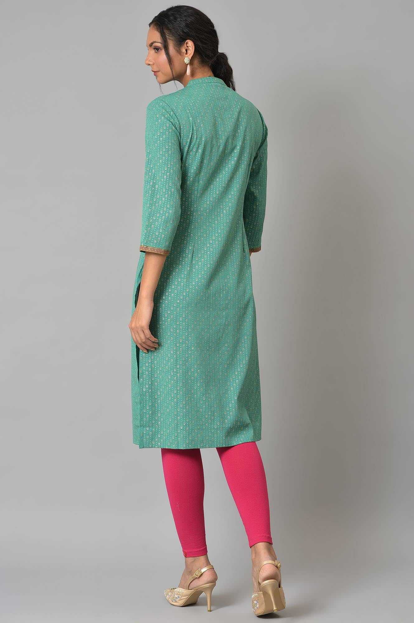 W For Woman Light Green Synthetic Geometric Printed Kurta with Glitter Detail