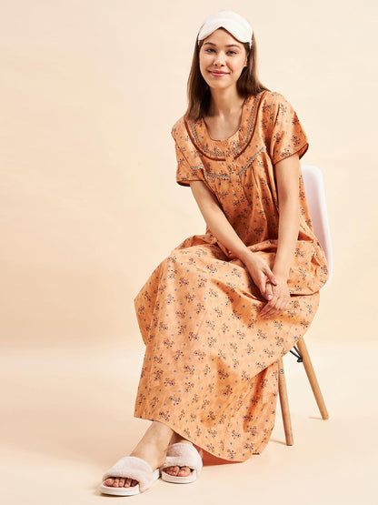 Sweet Dreams Women Printed Night Dress Orange
