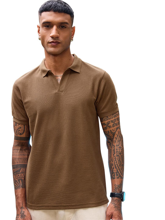 Bewakoof Mens Solid Regular Fit Half Sleeve Jacquard Polo T-Shirt_684270_Brown_XL