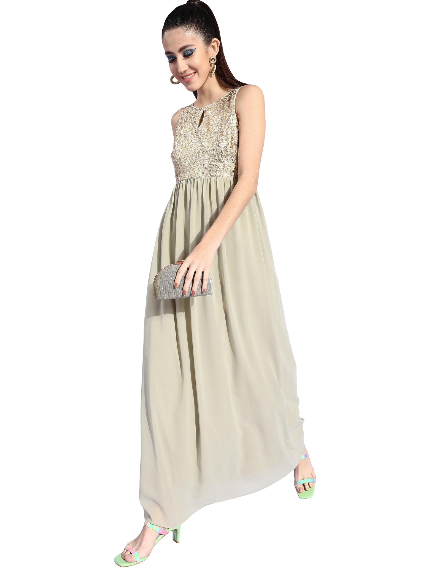 Miss Chase WomenS Dusty Green & Golden Solid Embellished Maxi Dress (Mcaw21D06-22-244-06, Dusty Green & Golden, Xl)