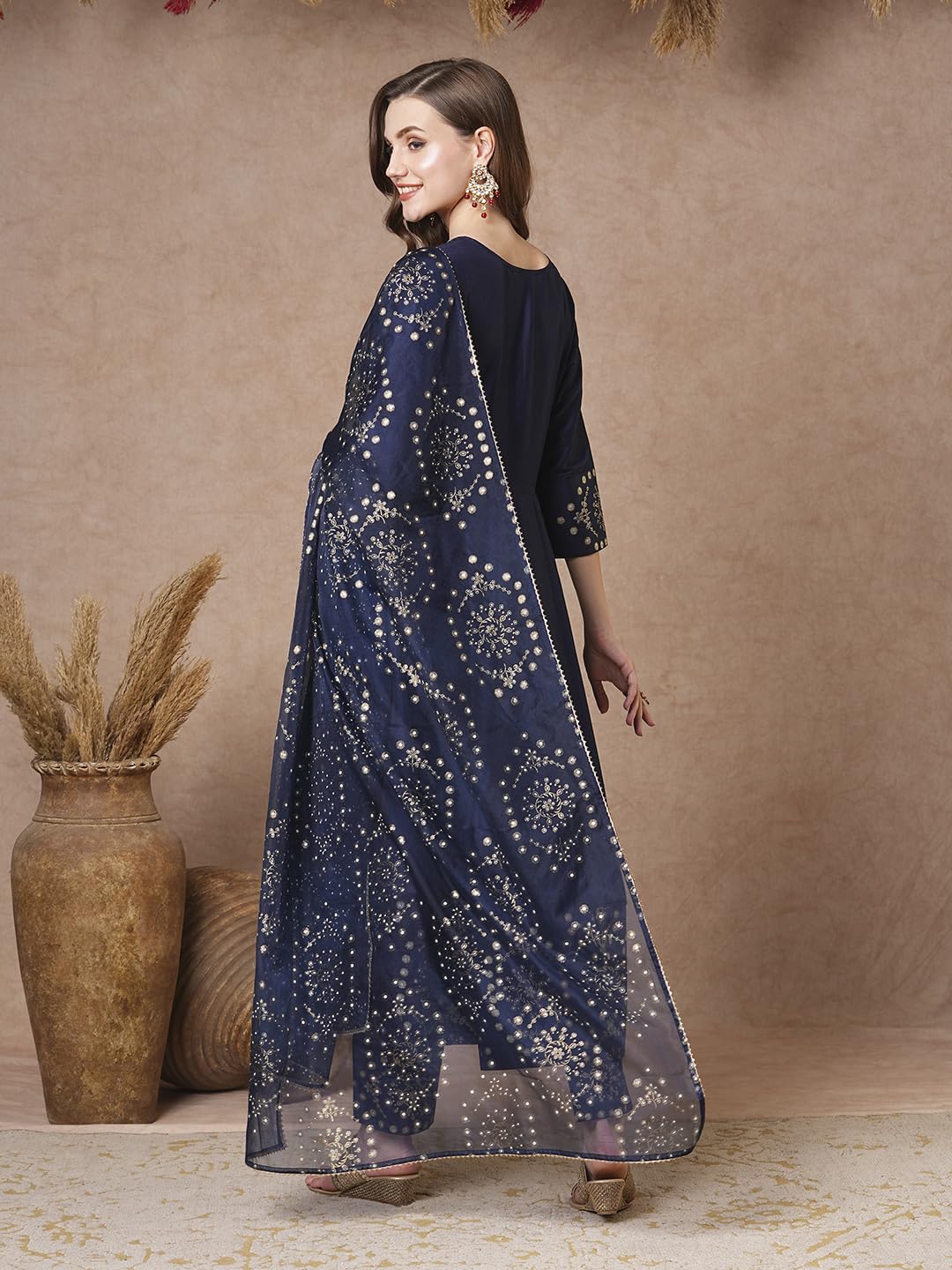 Gosriki WomenS Rayon Blend Printed Anarkali Kurta With Pant & Dupatta (Varuna Navy-Vks01-Gs_M_Navy Blue_Medium)