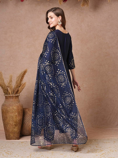Gosriki WomenS Rayon Blend Printed Anarkali Kurta With Pant & Dupatta (Varuna Navy-Vks01-Gs_M_Navy Blue_Medium)