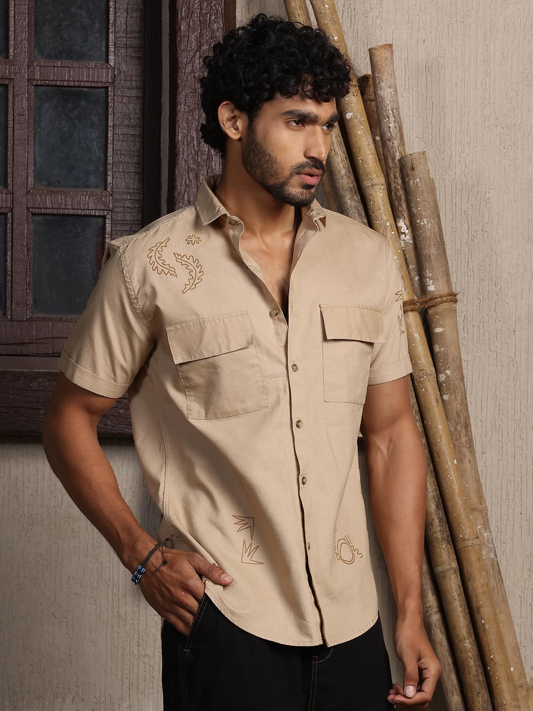 Thomas Scott Short Sleeve Double Pockets Self Printed Casual Shirts for Mens Khaki