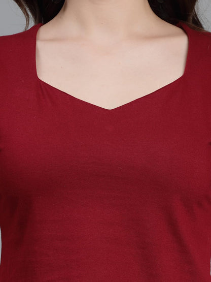 Style Quotient Women Solid Wine Cotton Knit Smart Casual Top