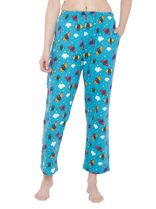 Clovia WomenS Fleece Bat Printed Pyjama (Lb0139P03_Blue_M)