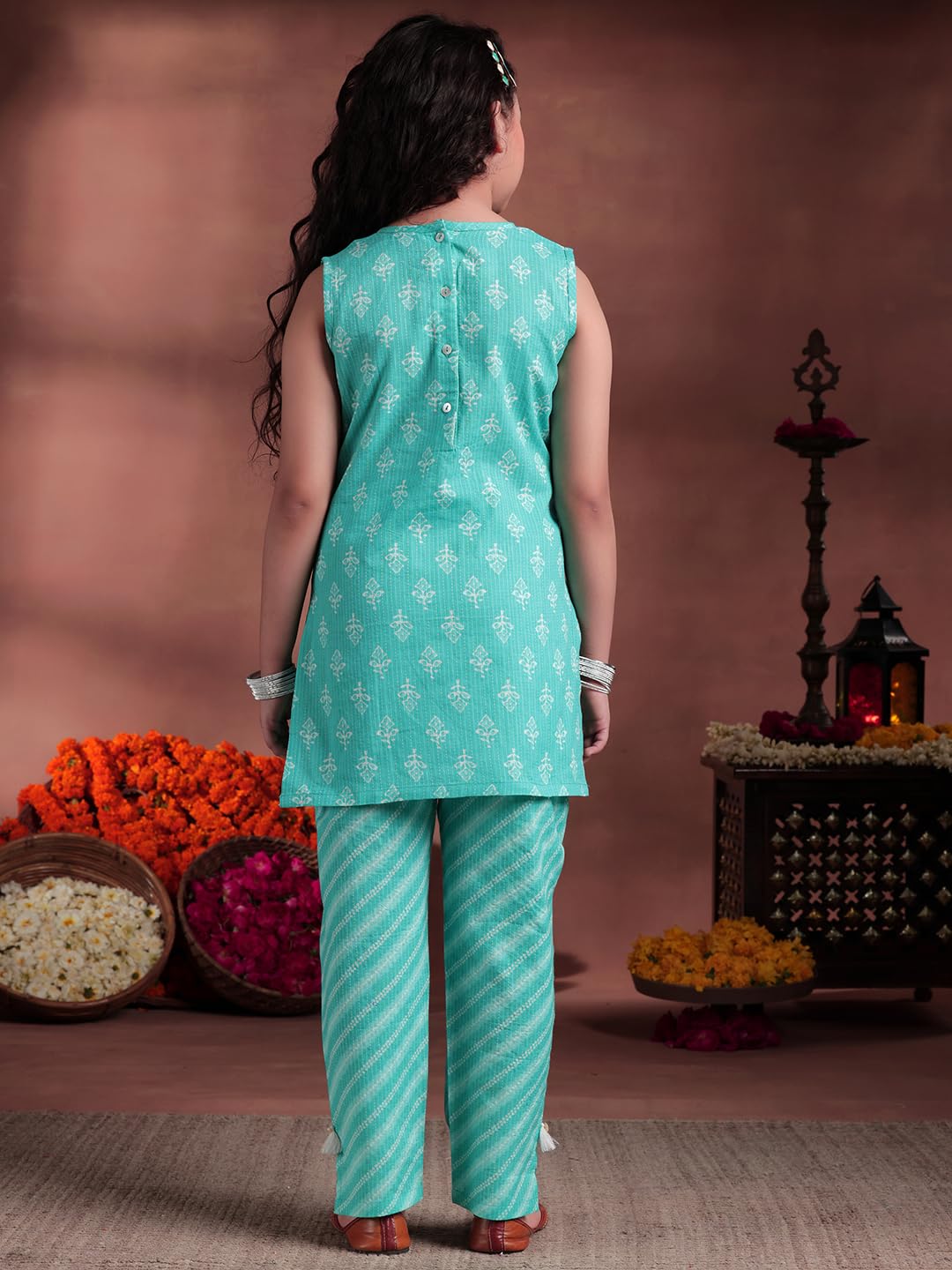 Libas Kids Womens Printed Cotton Straight Kurta With Trousers