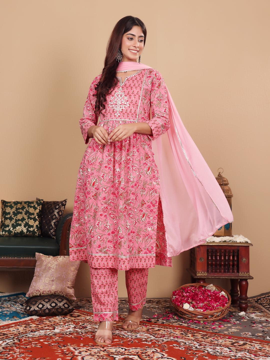 Varanga Floral Printed Embroidered Kurta With Straight Pant And Chiffon Dupatta