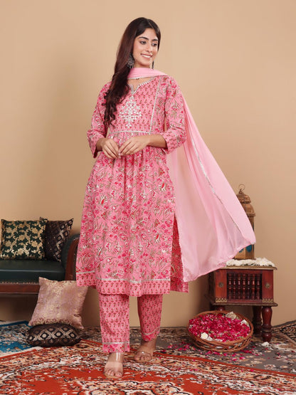 Varanga Floral Printed Embroidered Kurta With Straight Pant And Chiffon Dupatta