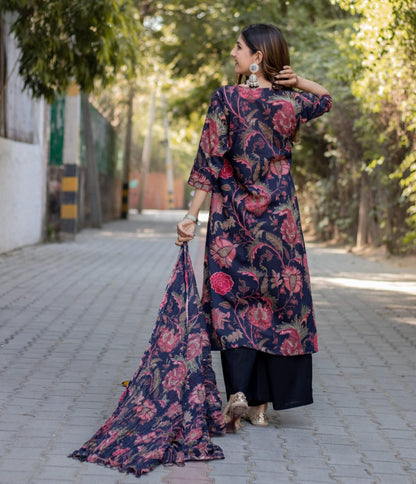 GoSriKi Women's Cotton Blend Floral Printed Straight Kurta with Palazzos & Dupatta (JAPA-GS)