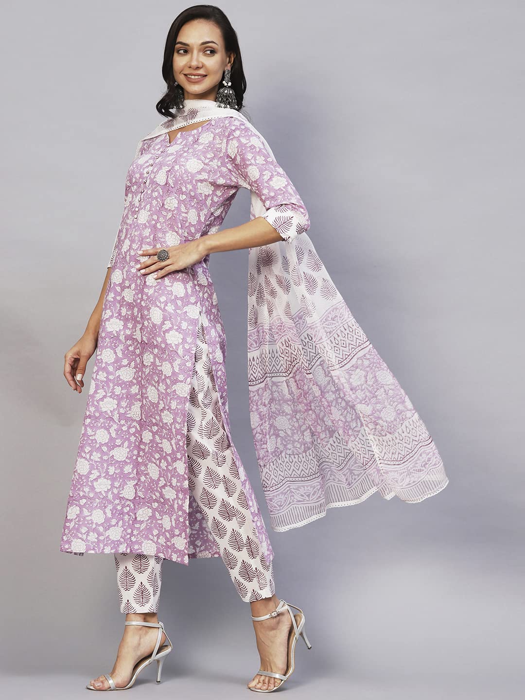 ANNI DESIGNER Women's Cotton Blend Straight Printed Kurta with Pant & Dupatta (Ratnapriya Purple)