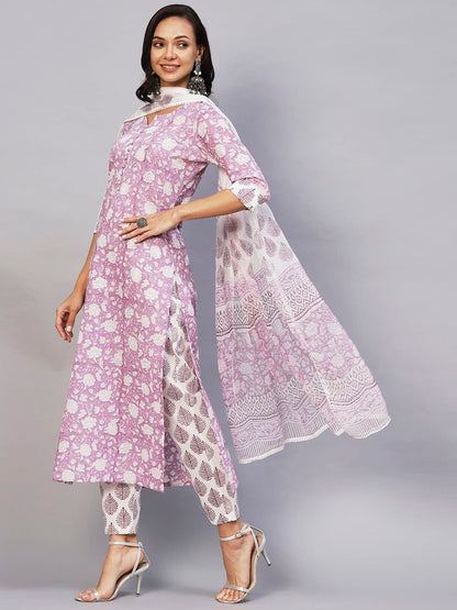 ANNI DESIGNER Women's Cotton Blend Straight Printed Kurta with Pant & Dupatta (Ratnapriya Purple)