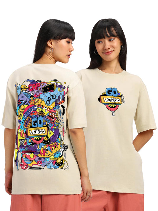 Veirdo Womens Oversized Baggy Fit Cotton Drop Shoulder Short Sleeve Aesthetic Back Doodle Graphic Printed T-Shi