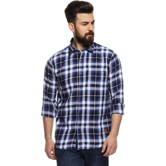 Campus Sutra Mens Navy Blue Tartan Plaid Shirt for Casual Wear | Spread Collar | Long Sleeve | Button Closure | Cotton Shirt Cr