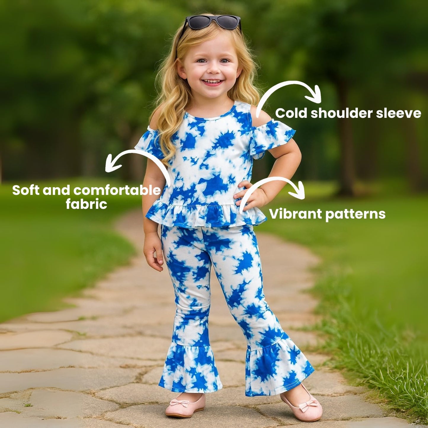 A.T.U.N. (ALL THINGS UBER NICE) Girls Blue Tie-Dye Cold Shoulder Peplum Top with Bell Bottom Pants | Stylish Co-ord Set for Kids