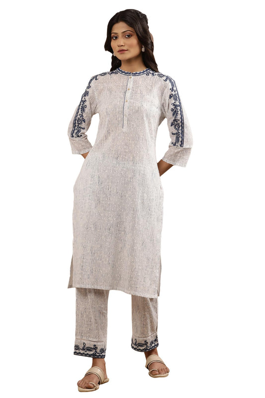 W for Woman White Cotton Stripe Printed Kurta with Thread Embroidery