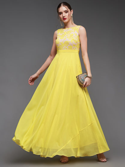 Miss Chase WomenS Round Neck Sleeveless Georgette Floral Lace Fit & Flare Maxi Dress Light Yellow