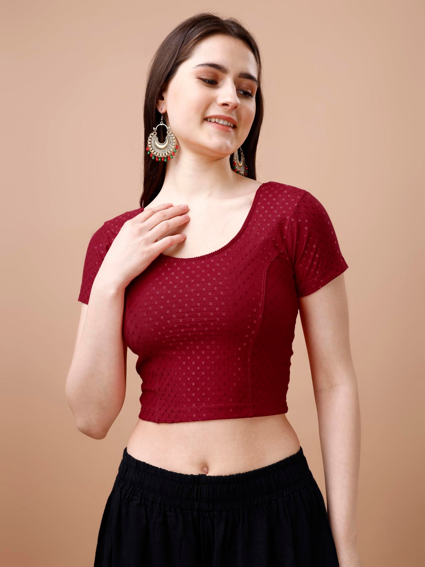 Pujia Mills Womens Readymade Dobby Cotton Lycra Stretchable Round Neck Short Sleeve Blouse Fancy Maroon Color Lycra Stretchable