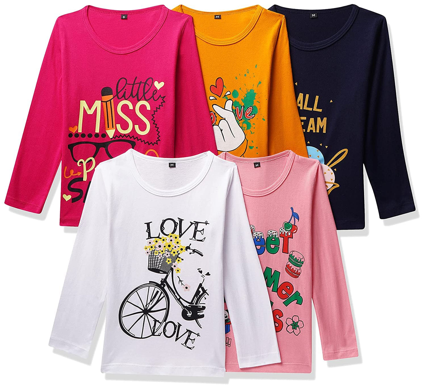 T2F Girls Cotton Printed Regular Fit Full Sleeve T-Shirt(Pack of 5)