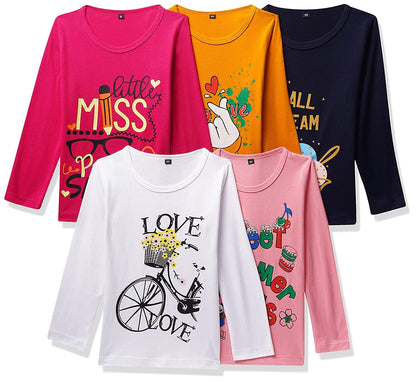 T2F Girls Cotton Printed Regular Fit Full Sleeve T-Shirt(Pack of 5)