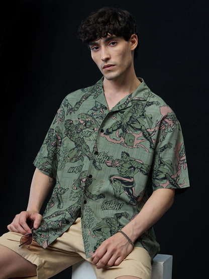 The Souled Store Avengers: Comics Men and Boys Short Sleeves Collared Neck Button Front Green All Over Printed Viscose Oversized