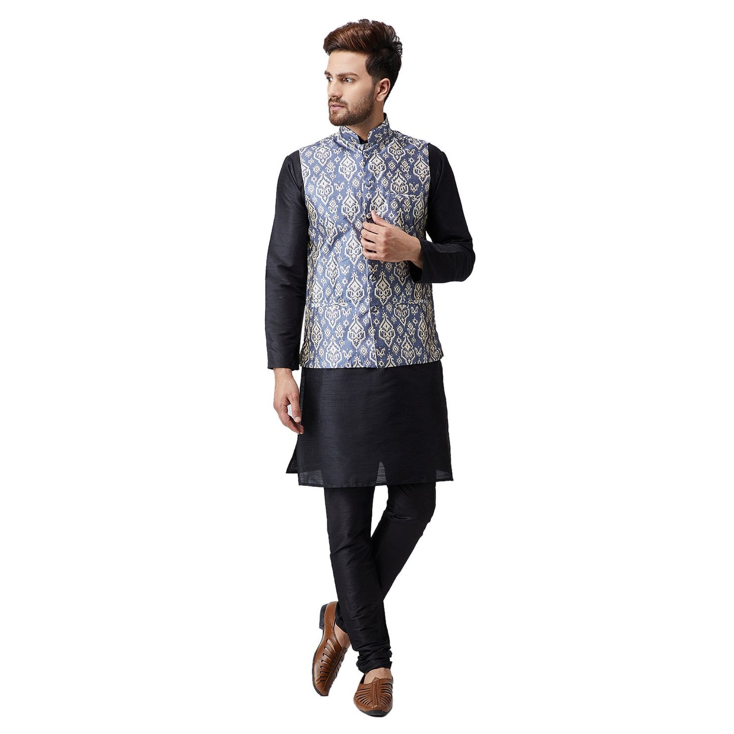 SOJANYA (Since 1958 Men's Silk Black Kurta Pyjama & Blue Printed Nehru Jacket Set Size M
